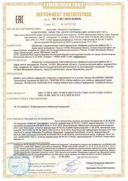 Сертификат соответствия № ТС RU C-RU.АЮ31.В.00196